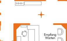 Empfang und Warten. Ein Klick auf den Grundriss gewährt Einblick in die anderen Bereiche der Zahnarztpraxis.